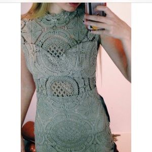 Taupe high neck lace BeBe semi formal dress